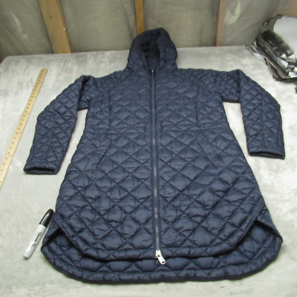 Athleta Navy Quilted Hooded Long Puffer Coat